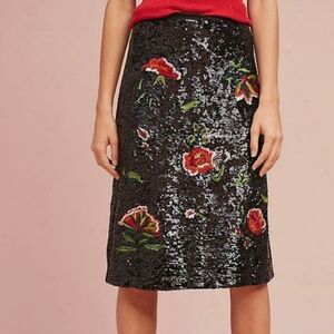 Maeve Anthropologie Garden Glitz Black Floral  Sequin Skirt Sz 12 Nwt